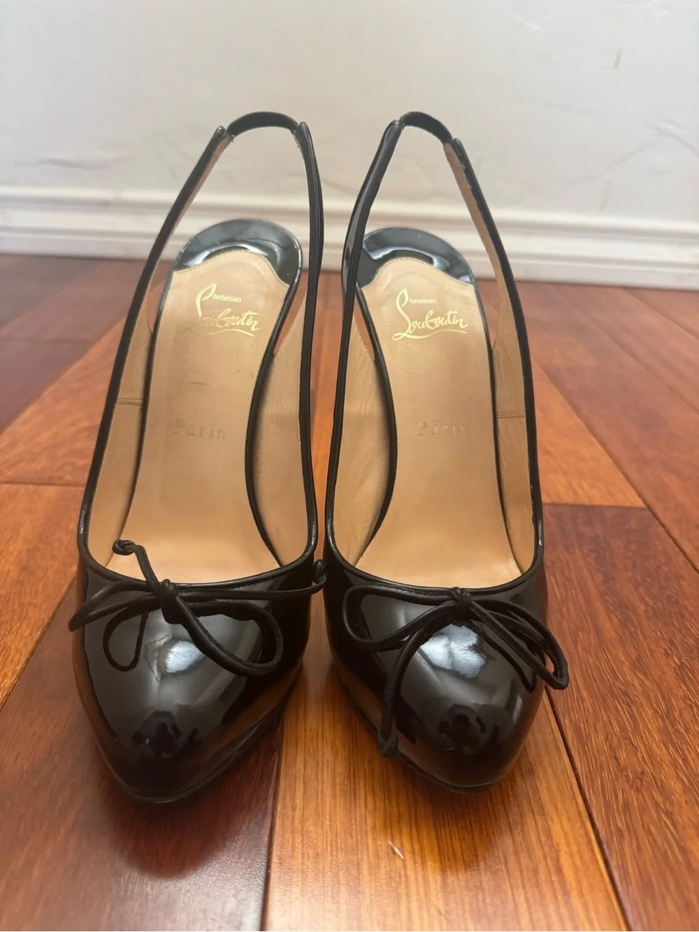 Christian Louboutin Black Patent Ballet Slingback Bow Pumps